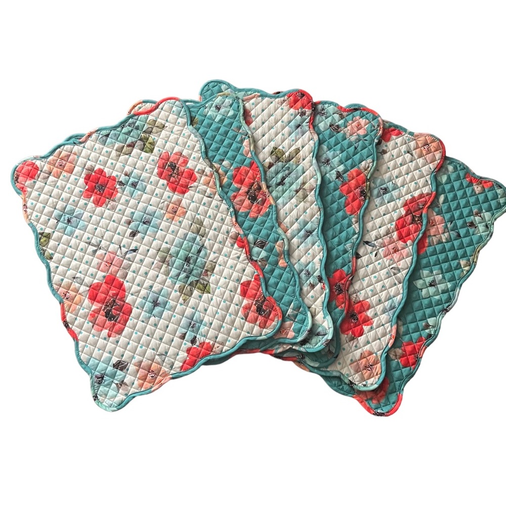 Pioneer Woman Placemats Vintage Bloom Floral Reverso Quilted (6) Teal Red